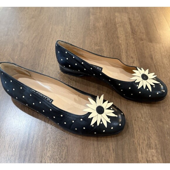 Black Leather Daisy Flats Women’s 9 Designer Maud Frizon Paris Flower Appliqué - Picture 5 of 11